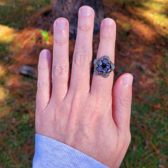 Pleasant Purple Jeweled Flower Silver Ring One Size Fits All - Picture 8 of 10